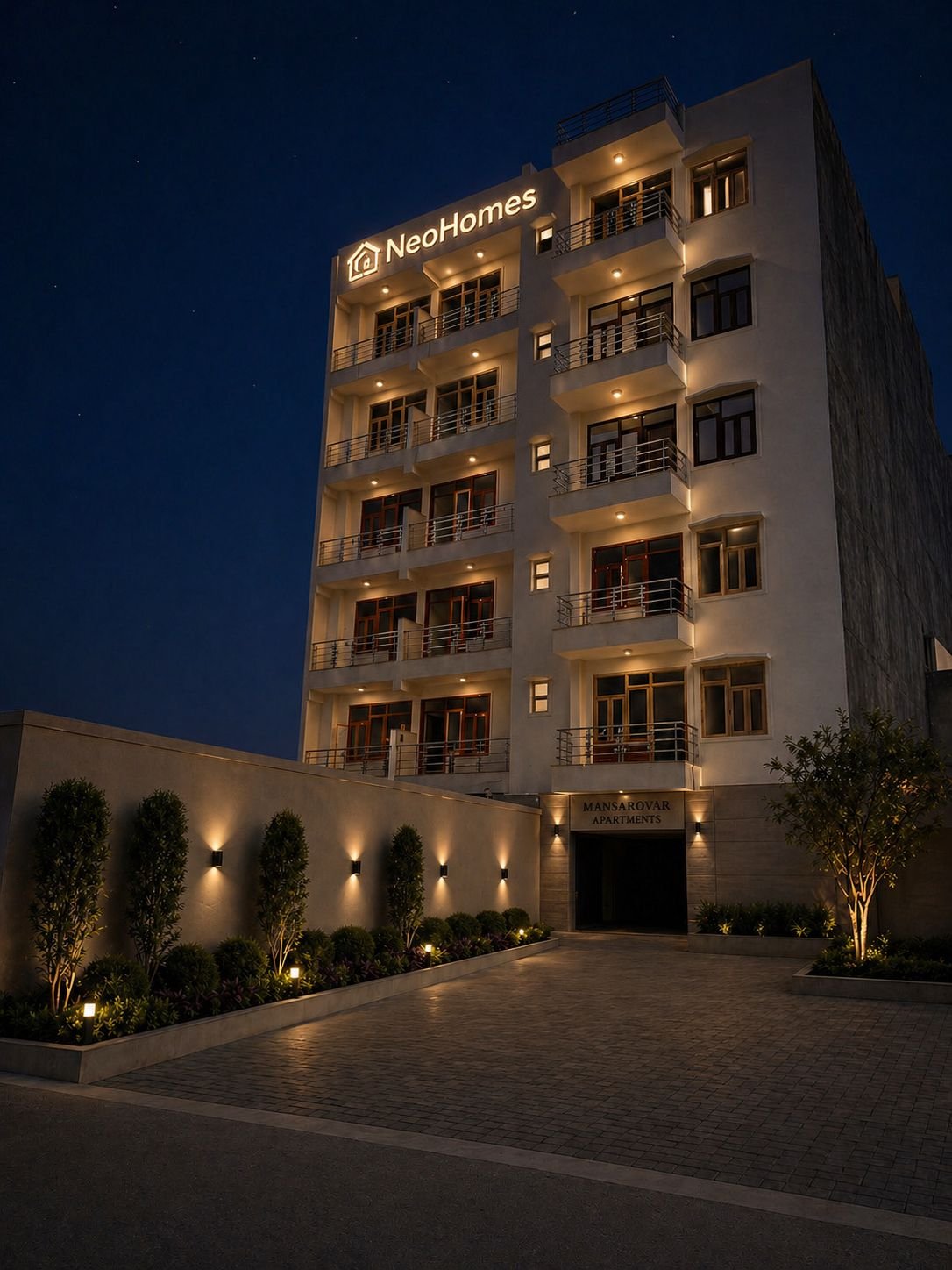NEO Homes Samriddhi PG building exterior at night, Sector 127 Noida