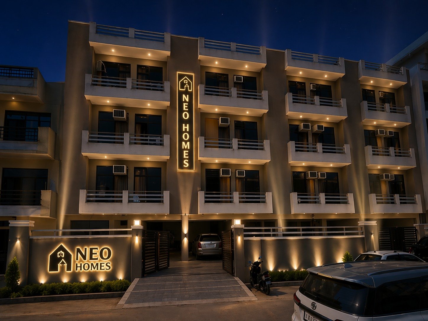 NEO Homes Sanskriti PG building exterior at night, Sector 63A Noida