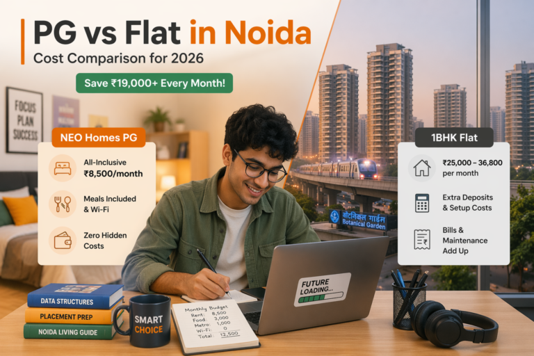 PG vs flat cost comparison in Noida 2026 showing student budgeting with ₹8,500 PG vs ₹25,000+ flat and monthly savings breakdown